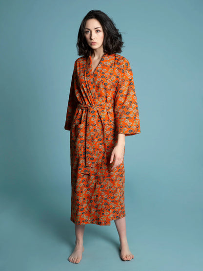 Les Touristes Long Cotton Dressing Gown - Bundi orange
