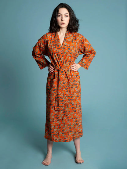 Les Touristes Long Cotton Dressing Gown - Bundi orange