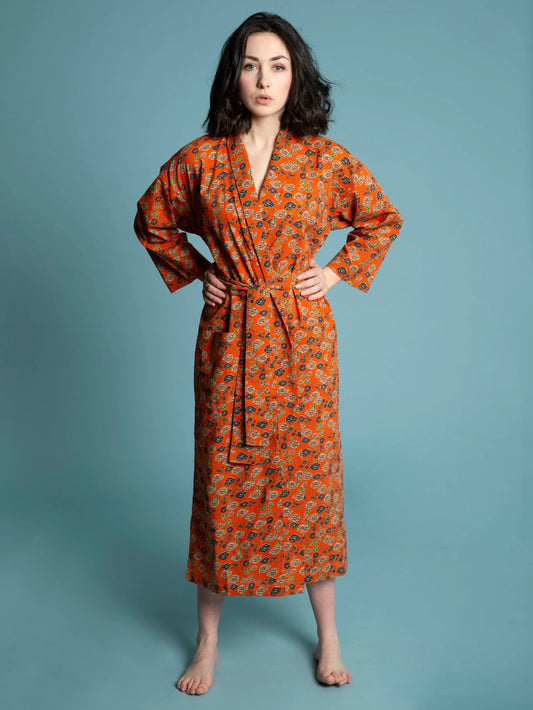 Les Touristes Long Cotton Dressing Gown - Bundi orange