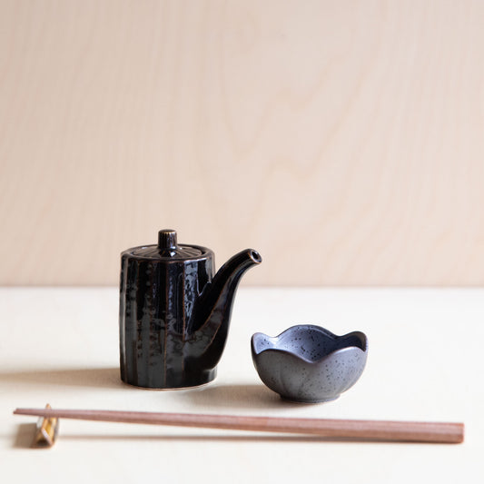 Plum Sauce Dish with Dark Brown Faceted Soy-Pot