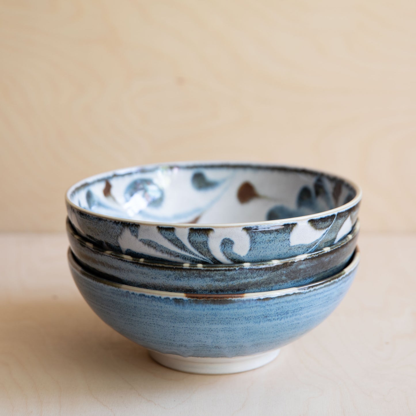 Blue & Brown Large Bowls - Blue with White Rings