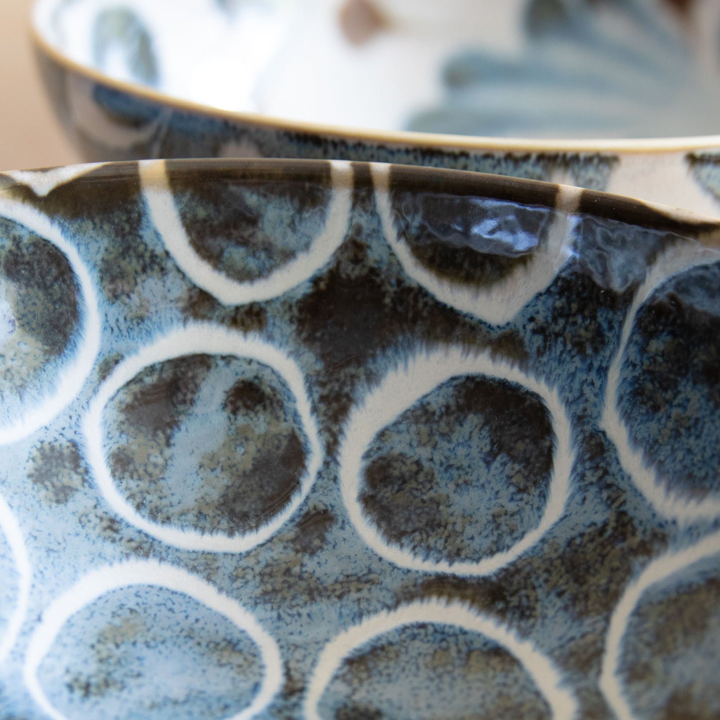 Blue & Brown Large Bowls - Blue with White Rings