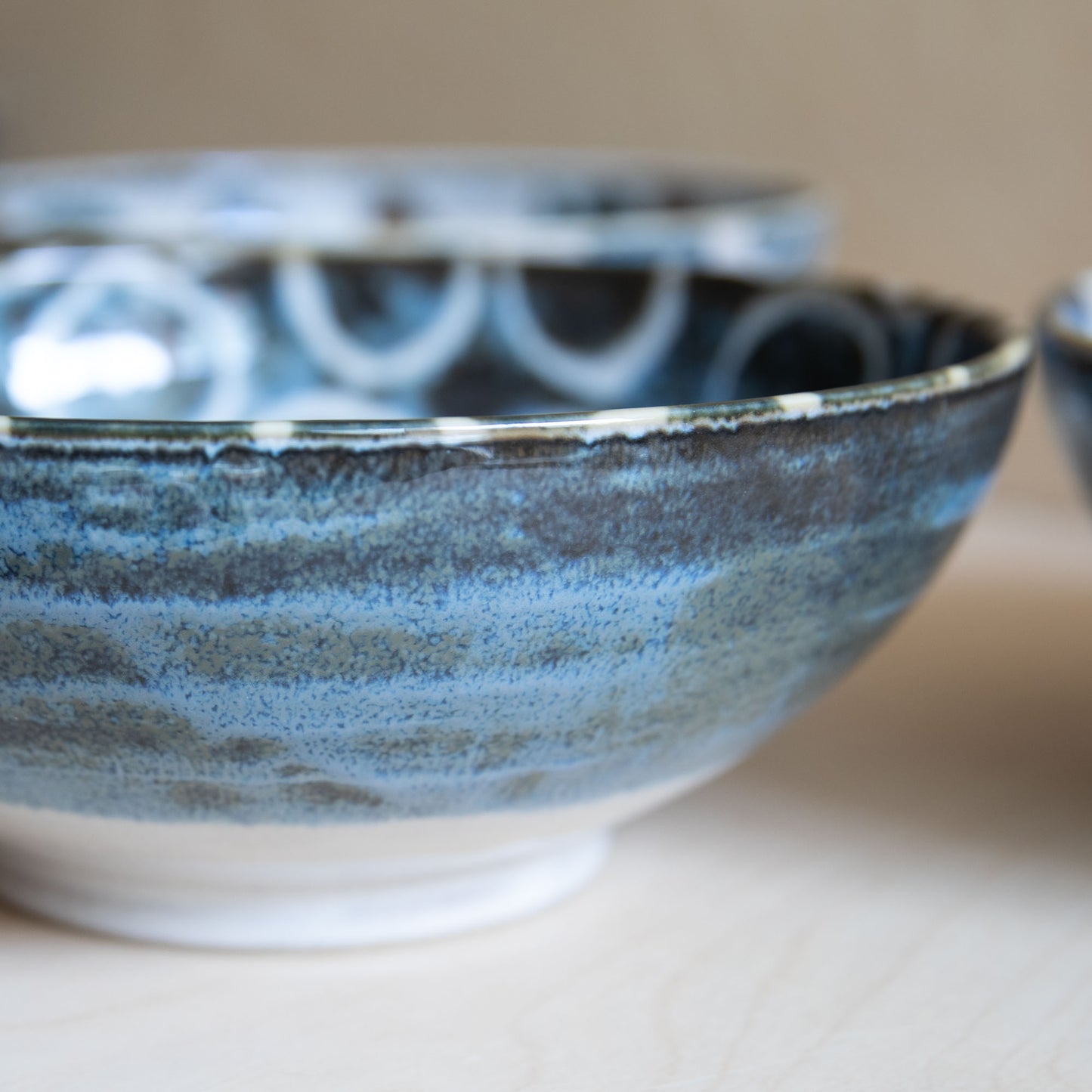 Blue & Brown Large Bowls - Blue with White Rings