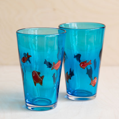 Red Goldfish Blue Glass Tall