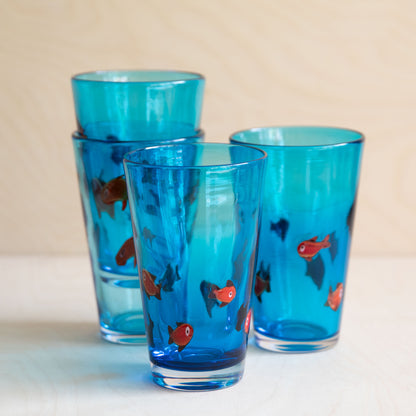 Red Goldfish Blue Glass Tall