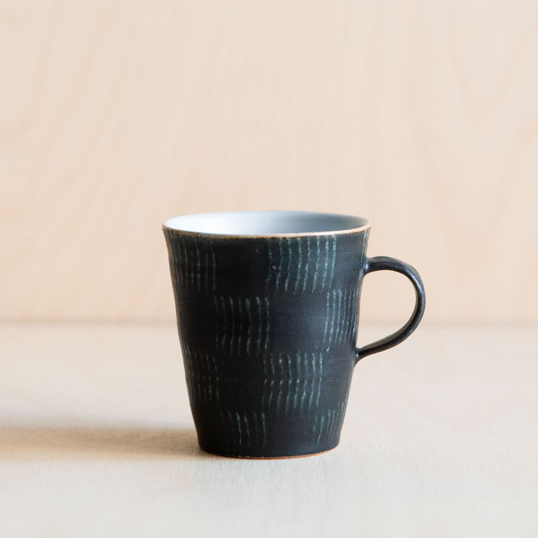 Black Green linear patterned Ceramic Mug 01 by Wang Xinghua