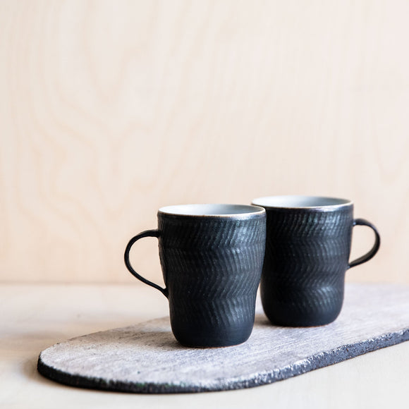 Black Green linear patterned Ceramic Mug 04 by Wang Xinghua