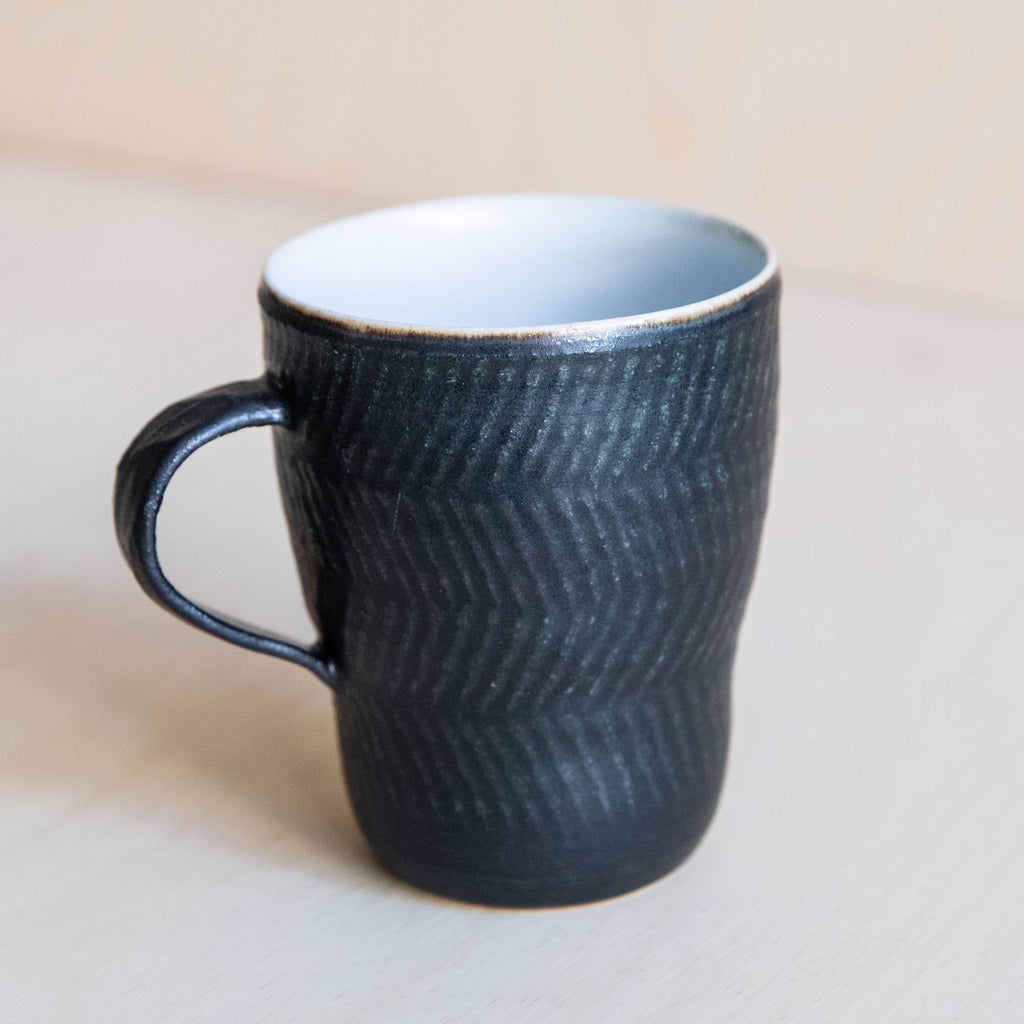 Black Green linear patterned Ceramic Mug 03 by Wang Xinghua