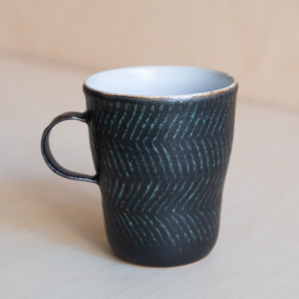 Black Green linear patterned Ceramic Mug 05 by Wang Xinghua