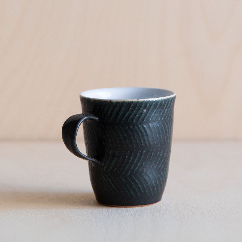 Black Green linear patterned Ceramic Mug 06 by Wang Xinghua