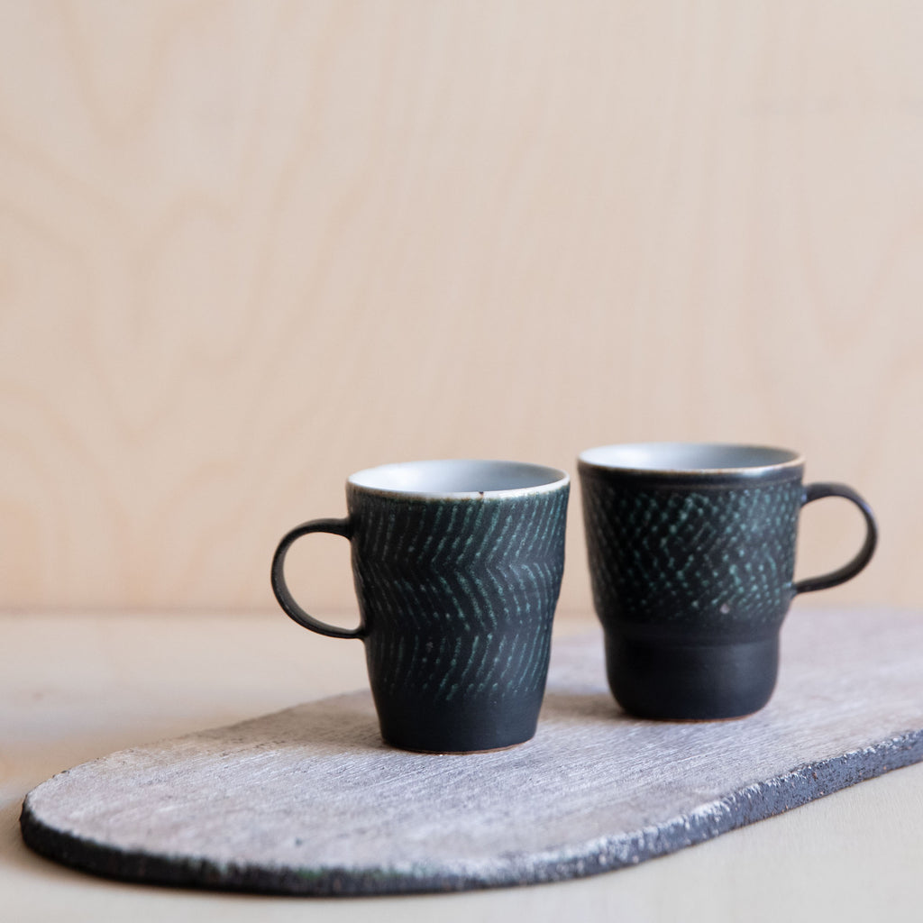 Black Green lattice patterned Ceramic Mug 01 by Wang Xinghua