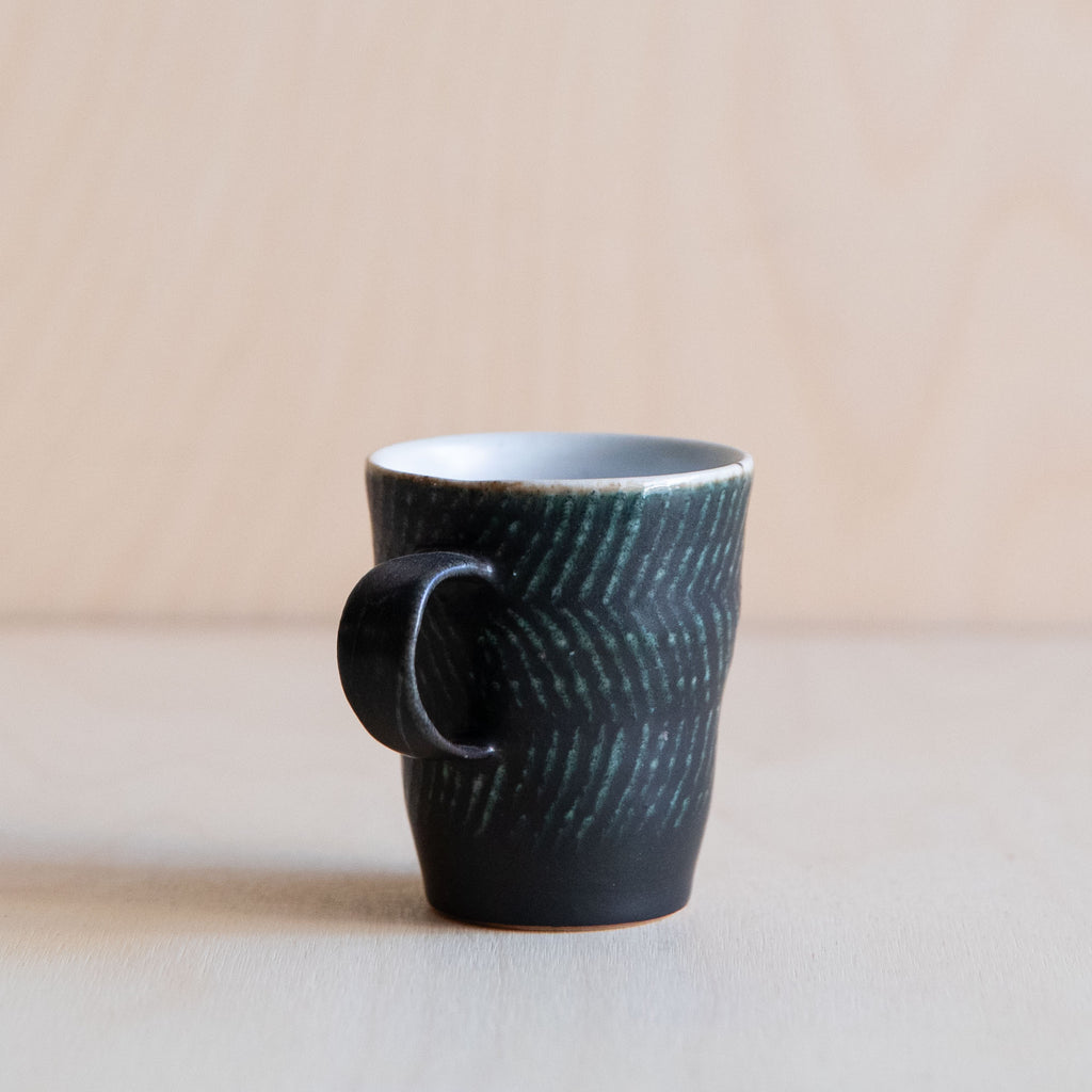Black Green linear patterned Ceramic Mug 07 by Wang Xinghua