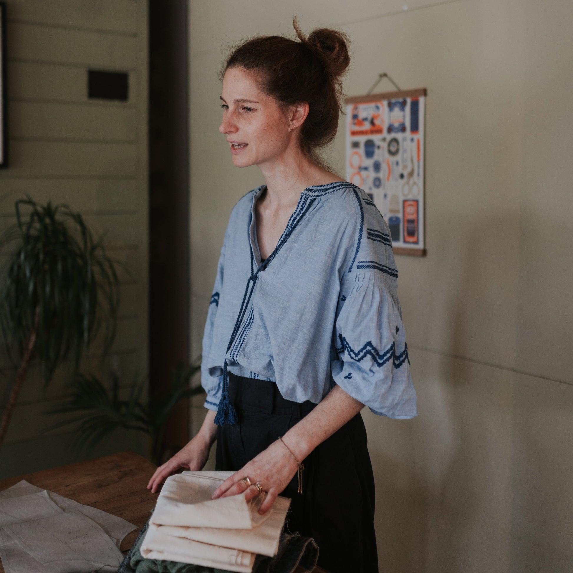 Nadien K. teaching a visible mending and sashiko class