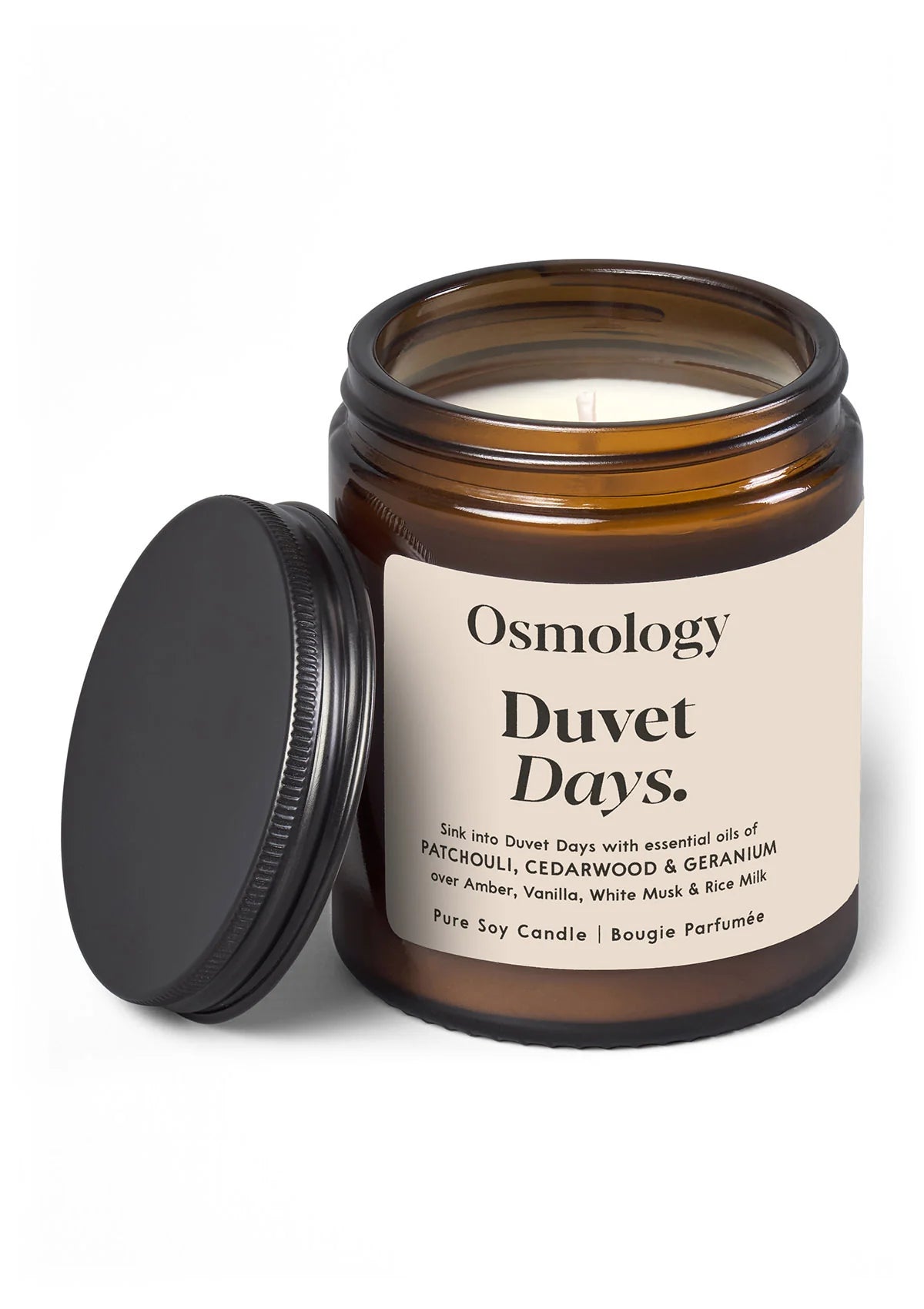 Duvet Days Scented Jar Candle - Rice Milk, Cedarwood, Patchouli, and Geranium.