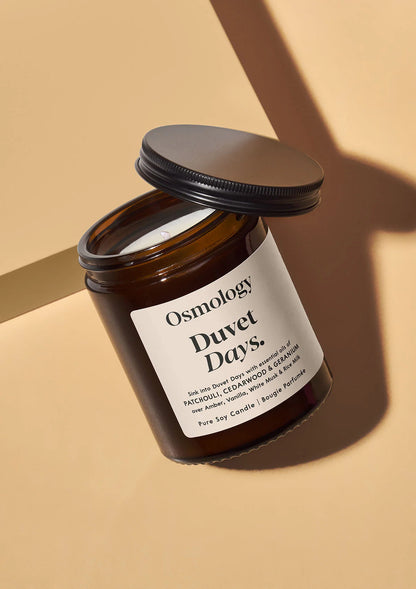 Duvet Days Scented Jar Candle - Rice Milk, Cedarwood, Patchouli, and Geranium.