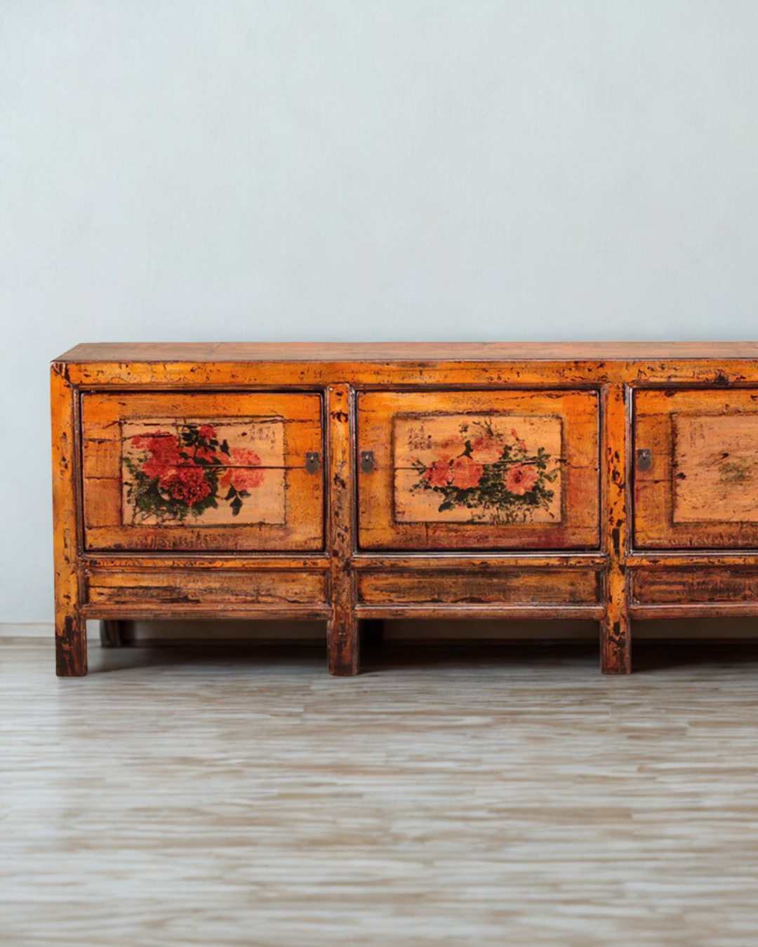 Orange hand painted vintage sideboard from China with peonies