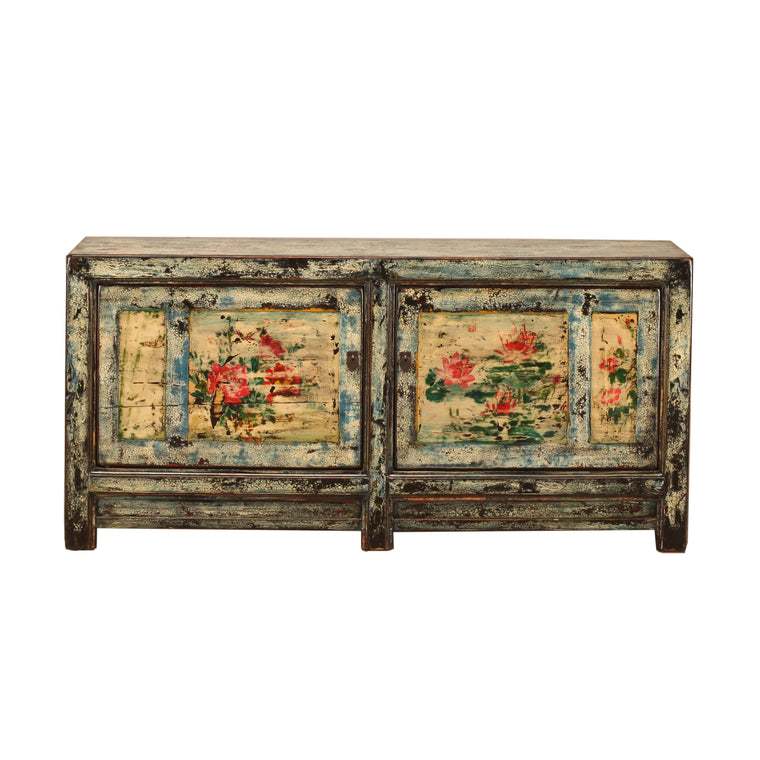 Vintage Chinese Crackle Blue Sideboard with floral painting 01