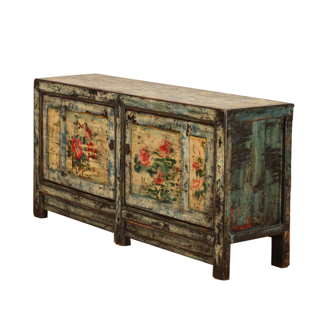Vintage Chinese Crackle Blue Sideboard with floral painting 01