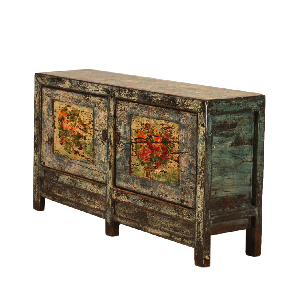 Vintage Chinese Crackle Blue Sideboard with floral painting 02