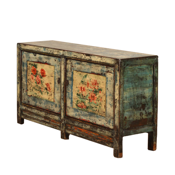 Vintage Chinese Crackle Blue Sideboard with floral painting 03