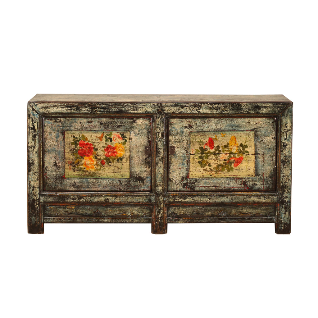 Vintage Chinese Crackle Blue Sideboard with floral painting 04