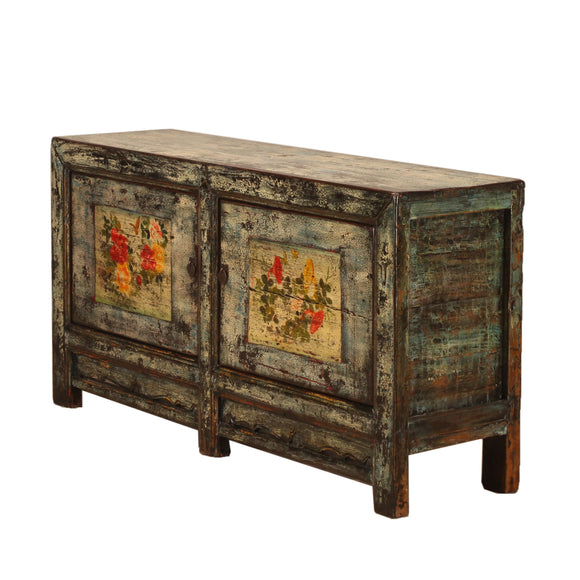 Vintage Chinese Crackle Blue Sideboard with floral painting 04