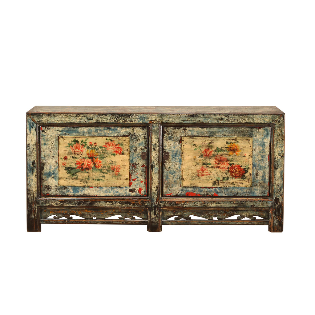 Vintage Chinese Crackle Blue Sideboard with floral painting 05