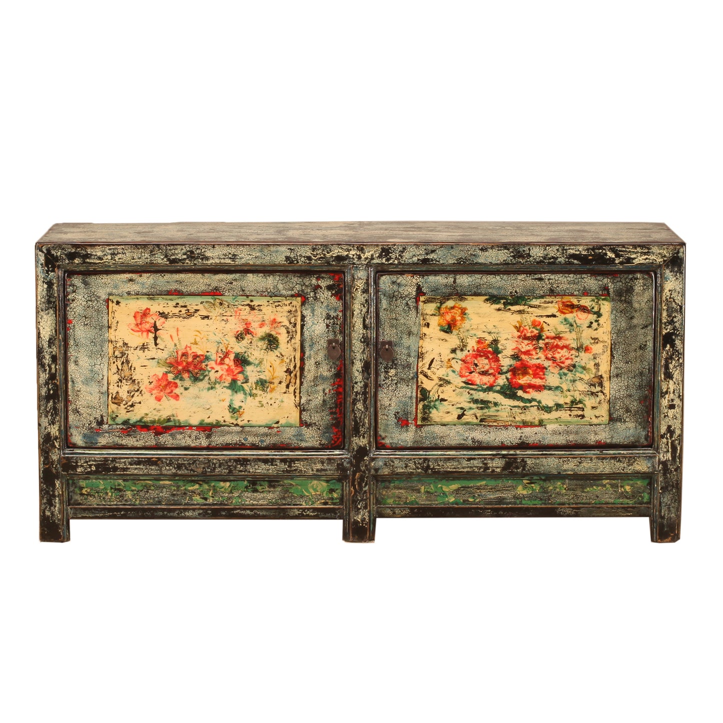 Vintage Chinese Crackle Blue Sideboard with floral painting 13