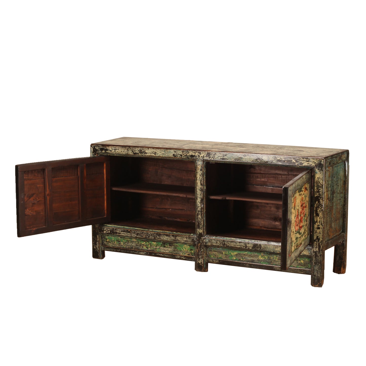 Vintage Chinese Crackle Blue Sideboard with floral painting 13