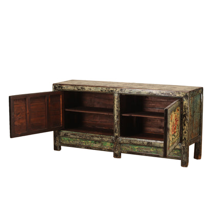 Vintage Chinese Crackle Blue Sideboard with floral painting 13