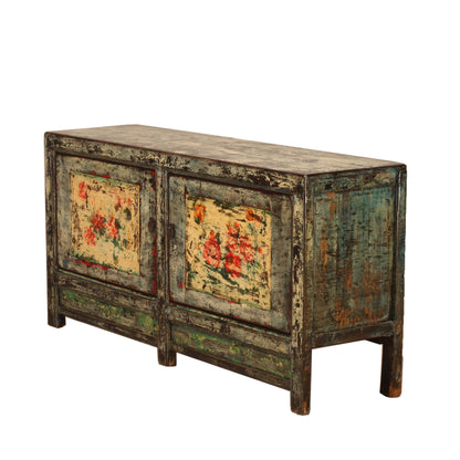Vintage Chinese Crackle Blue Sideboard with floral painting 13
