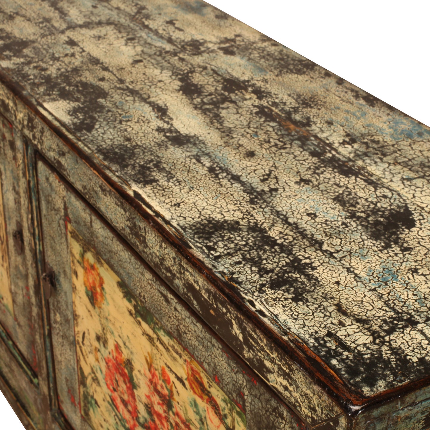 Vintage Chinese Crackle Blue Sideboard with floral painting 13