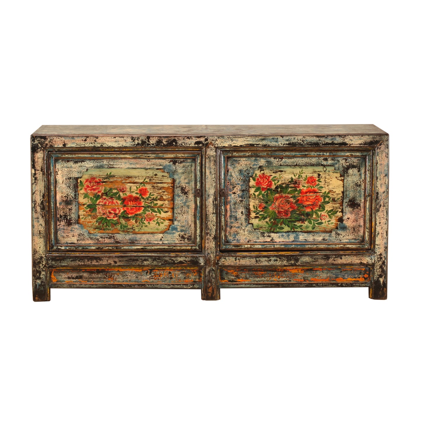 Vintage Chinese Crackle Blue Sideboard with floral painting 14