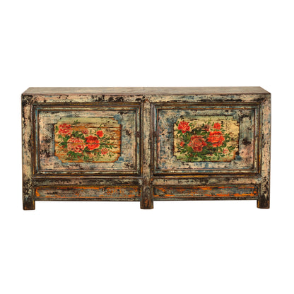 Vintage Chinese Crackle Blue Sideboard with floral painting 14