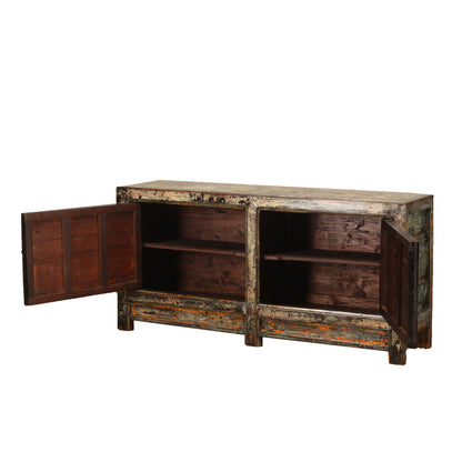 Vintage Chinese Crackle Blue Sideboard with floral painting 14