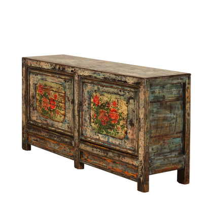 Vintage Chinese Crackle Blue Sideboard with floral painting 14