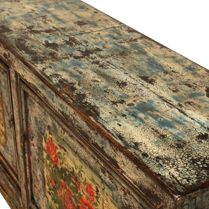 Vintage Chinese Crackle Blue Sideboard with floral painting 14