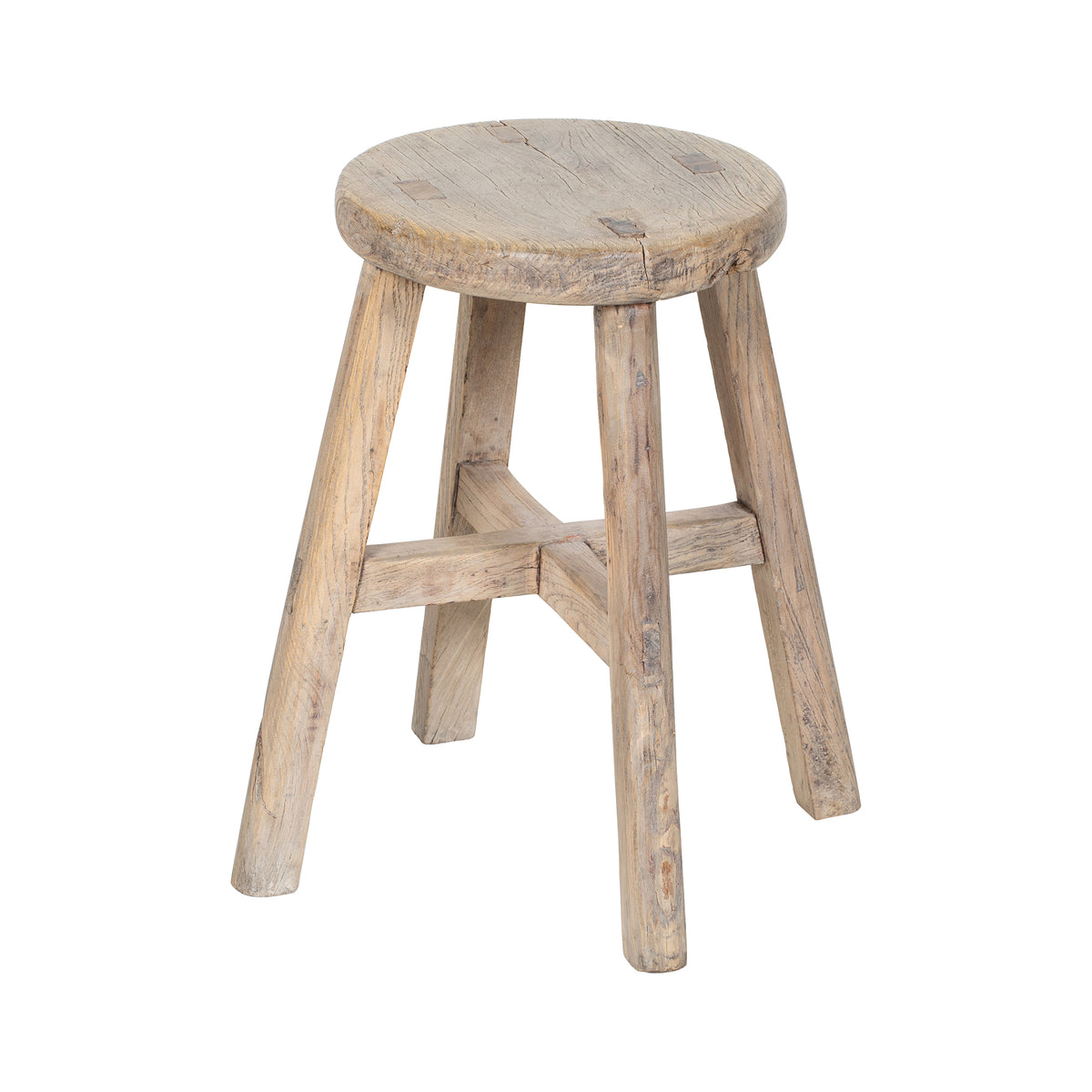 Four legged Vintage Chinese elmwood stool with a round seat in a pale wood rustic design