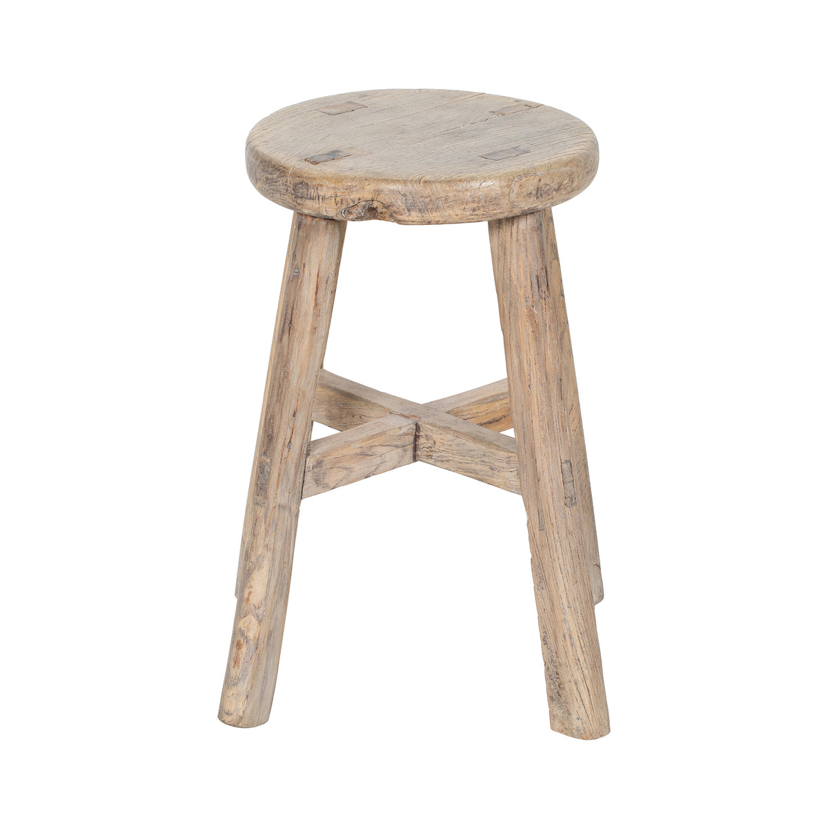 Vintage Chinese elmwood stool with a round top and four legs pale wood and rustic design