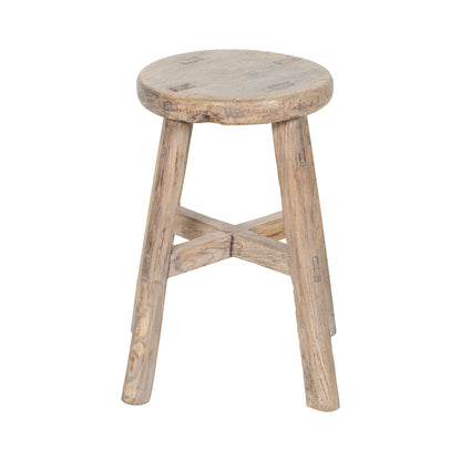 Vintage Chinese elmwood stool with a round top and four legs pale wood and rustic design