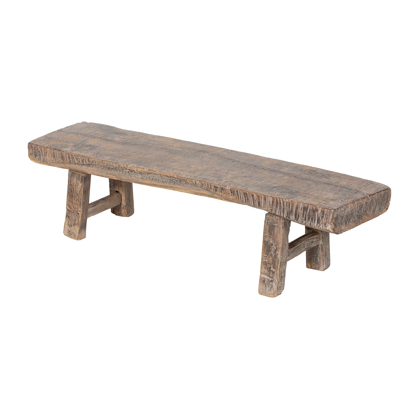 Vintage Chinese low elmwood bench with pale wood and rustic design 