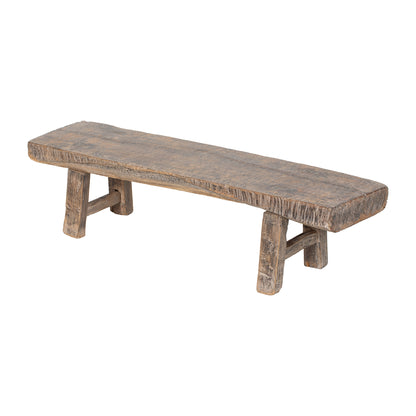 Vintage Chinese low elmwood bench with pale wood and rustic design 