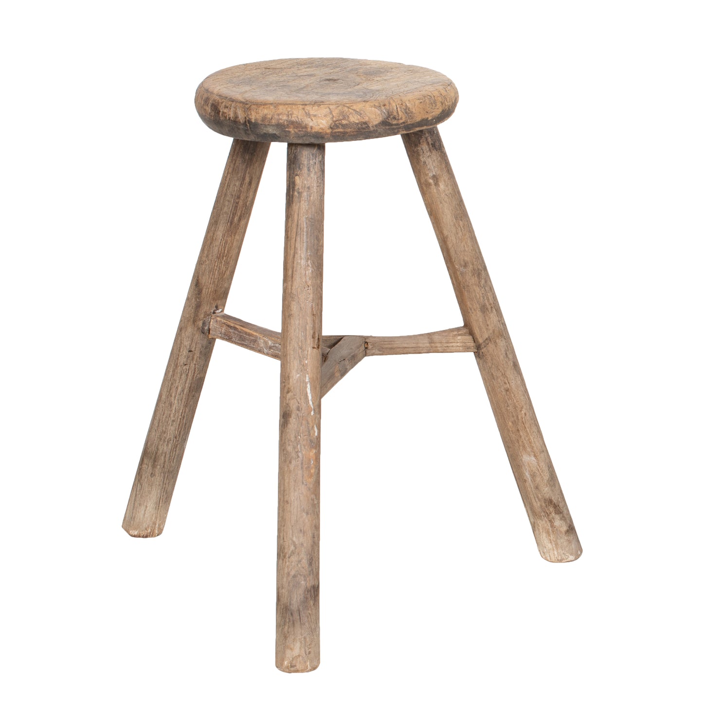 Vintage Chinese Elm Stool with round seat and three legs in pale natural wood, vintage looking