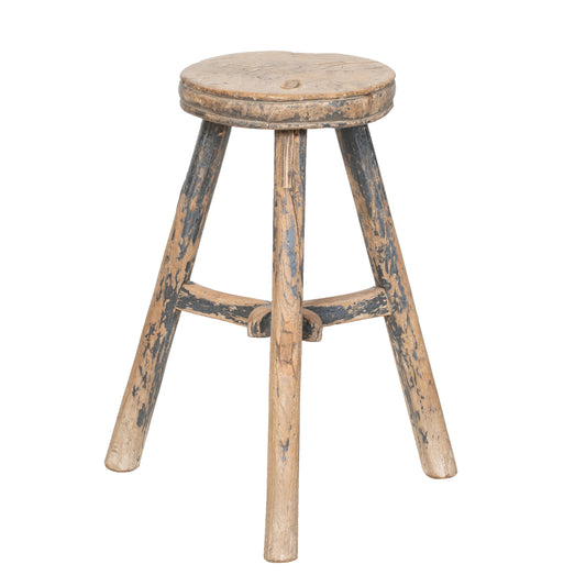 Vintage Chinese Elm Stool with round seat and three legs. Weathered blue paint to the legs and an overall natural wood look