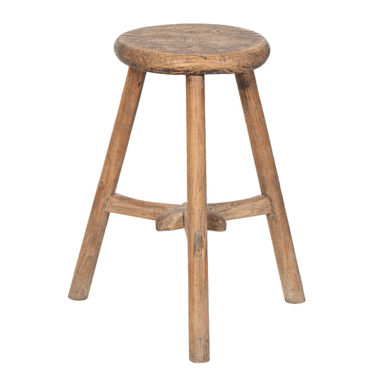 Vintage Chinese Elm Stool with three legs and a round seat in a pale natural wood