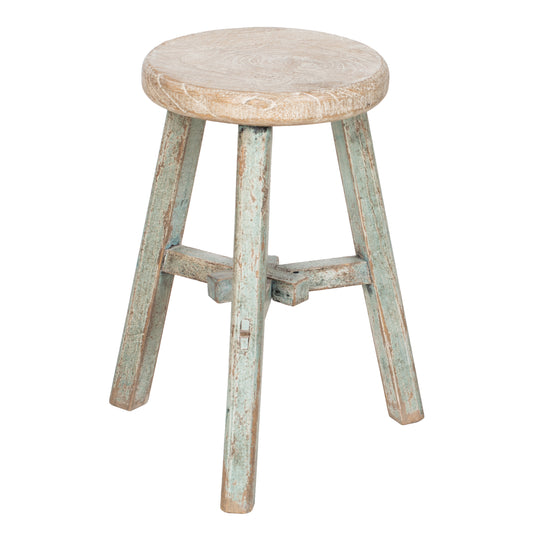Wooden stool with a distressed finish, three legs with pale green worn paint and a natural finish round seat
