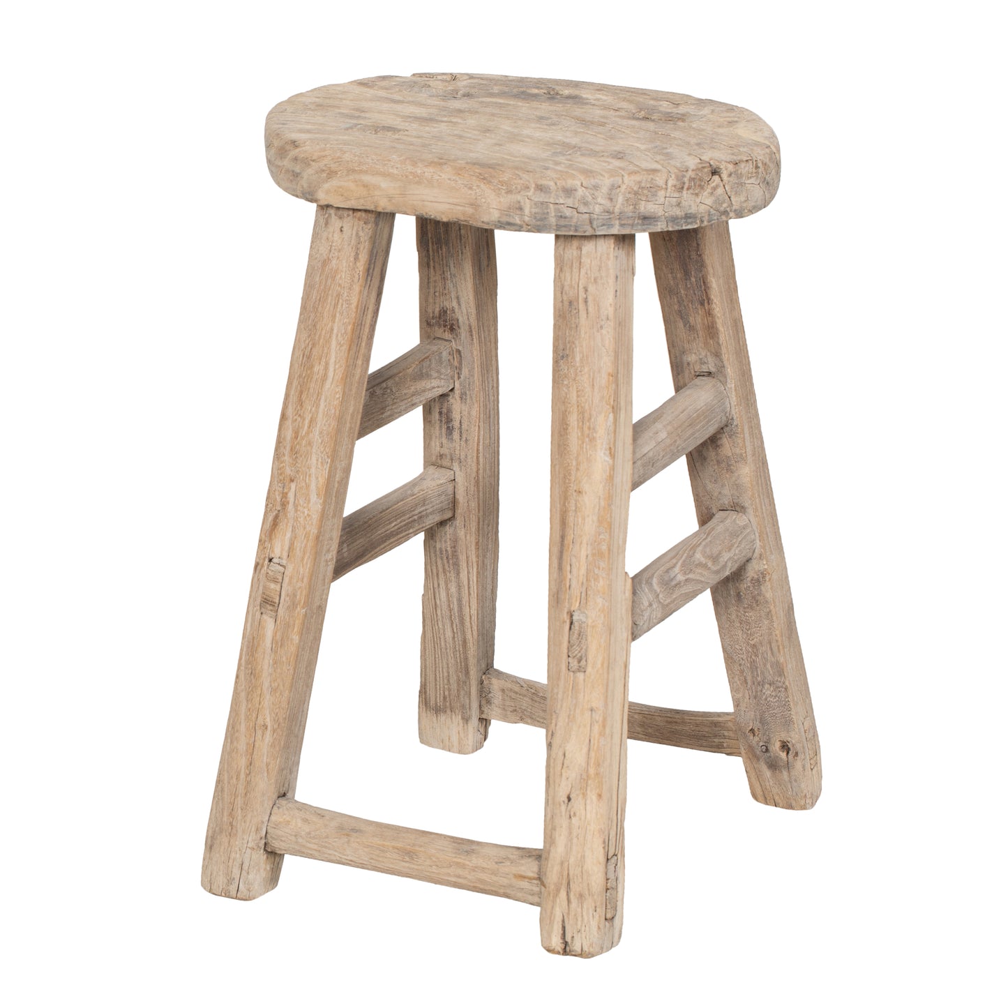 Vintage Chinese Elm Stool with four legs, foor rest and circular seat. Pale natural wood