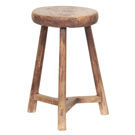 Vintage Chinese Elm Stool with round seat and three legs, brown weathered paint to the legs but otherwise a natural pale wood.