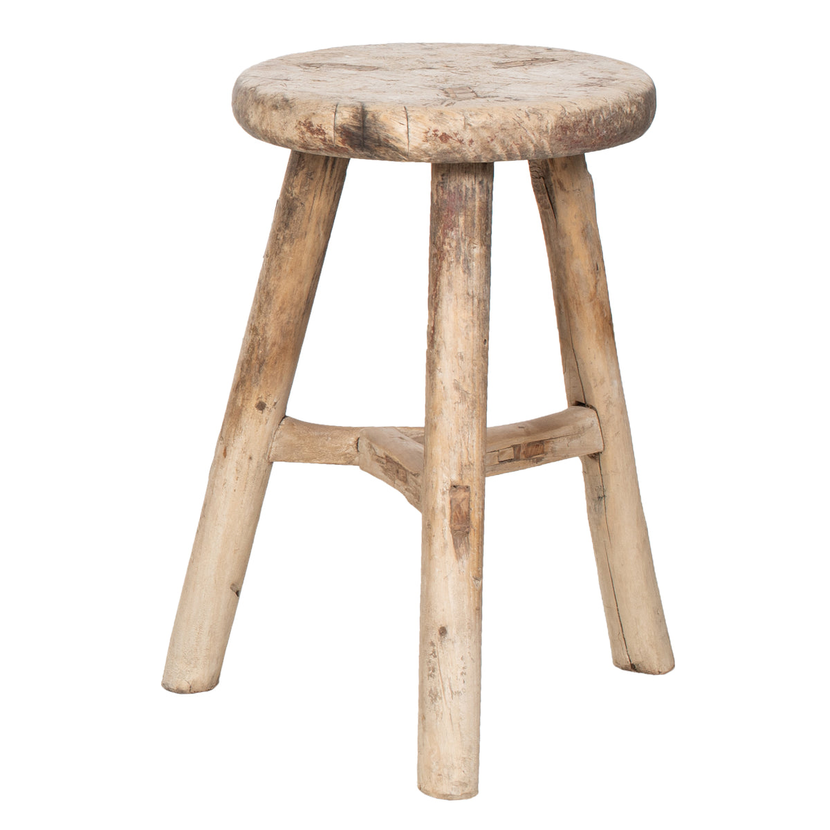 Chinese Vintage Chinese Elm Stool No.23.  Vintage look with three legs and weathered appearance