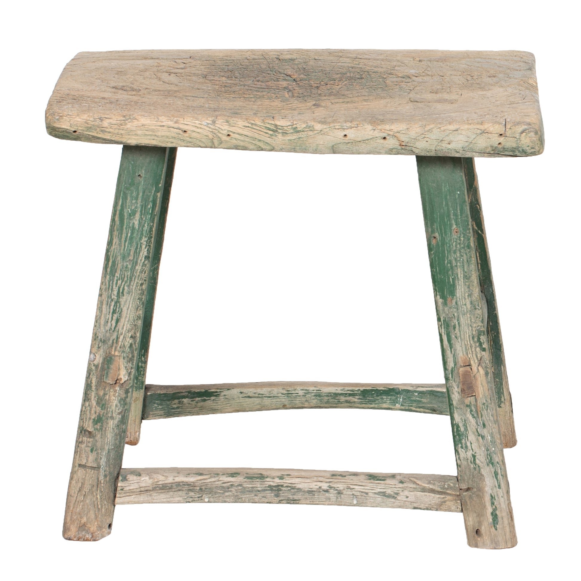 Vintage wooden stool with greenish paint , four legs and rectangular seat. Foot rest. 